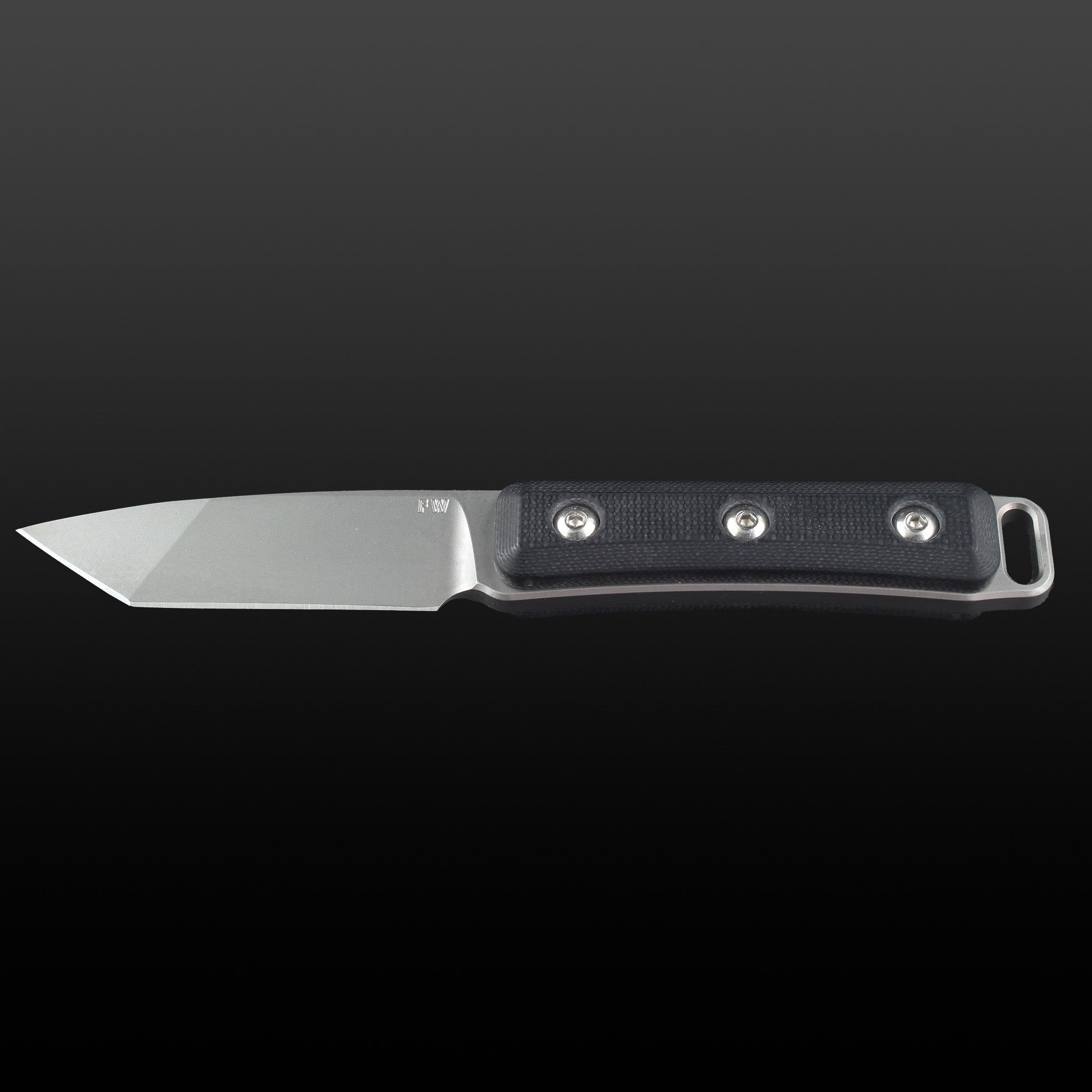 fixed tanto blade knife with black g10 handle scales and stainless steel hardware.  showing left side with FW logo engraved on the blade